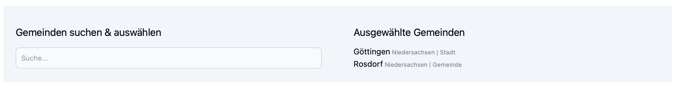 Das Gemeinde-Such- und Auswahlfeld